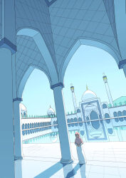 1girl akabane_1999 dress highres hijab long_sleeves looking_at_viewer morning mosque original own_hands_together pink_hijab reflection reflective_water scenery standing water white_dress wide_shot