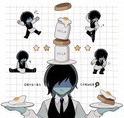 Rule 34 | 1other, apron, black hair, black necktie, black pants, black shoes, black vest, blue skin, bottle, collared shirt, colored skin, deltarune, flying sweatdrops, fried egg, holding, holding plate, ichi (logmch), kris (cooking show) (deltarune), kris (dark world) (deltarune), kris (deltarune), milk bottle, multiple views, necktie, pants, partially shaded face, plate, shirt, shoes, short hair, sparkle, split, star (symbol), vest, waist apron, white apron, white background, white shirt
