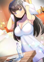1girl absurdres arms_up bare_arms bare_shoulders bed black_hair blurry blurry_background blush bottomless breasts cleavage closed_mouth collarbone commentary_request commission cork depth_of_field dress dutch_angle highres holding holding_towel indoors kou_hiyoyo lace lace-trimmed_dress lace_trim large_breasts long_hair lunon_(umineko) pen purple_eyes skeb_commission sleeveless sleeveless_dress solo towel umineko_no_naku_koro_ni v-shaped_eyebrows very_long_hair white_dress