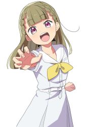 Rule 34 | 1girl, braid, breast pocket, brown hair, center-flap bangs, clenched hand, commentary request, cowboy shot, curled fingers, dress, foreshortening, hasu no sora school uniform, kachimachi kosuzu, link! like! love live!, looking at viewer, love live!, massigura, neckerchief, outstretched arm, pink eyes, pleated dress, pocket, puffy short sleeves, puffy sleeves, sailor collar, sailor dress, school uniform, short sleeves, side braids, solo, summer uniform, virtual youtuber, white dress, white sailor collar, yellow neckerchief