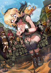 3girls 6+boys bandana bdsm black_panties blonde_hair bondage boots bound bound_ankles bound_arms brown_eyes brown_hair captured day defeat explosive fio_germi gag green_vest highres hip_vent imminent_death improvised_gag kaneeru kasamoto_eri knee_pads metal_slug military_uniform mine_(weapon) multiple_boys multiple_girls nadia_cassel outdoors panties panty_peek peril prisoner_of_war_(metal_slug) rebel_soldier_(metal_slug) red_hair sand shorts snk tape tape_gag underwear variant_set vest