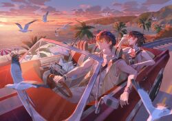 1boy 1girl absurdres alternate_costume bare_shoulders black_hair breasts brown_jacket car closed_mouth commentary convertible cup driving dual_persona english_commentary felicia_chen female_rover_(wuthering_waves) hair_ribbon highres holding holding_cup jacket large_breasts looking_to_the_side male_rover_(wuthering_waves) motor_vehicle ocean official_art outdoors red_car ribbon rover_(wuthering_waves) seatbelt shirt smile steering_wheel sunglasses white_shirt wuthering_waves yellow_ribbon