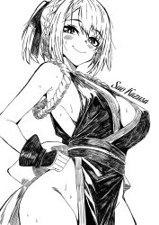 1girl blush braid breasts bright_pupils cosplay crown_braid fatal_fury hair_ribbon highres large_breasts lineart monochrome mothinus nue_no_onmyouji pelvic_curtain ponytail revealing_clothes ribbon shiranui_mai shiranui_mai_(cosplay) short_ponytail smile solo suo_kazusa
