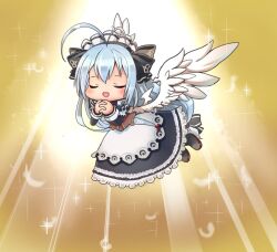 Rule 34 | ahoge, ajitarou (setsu), antenna hair, apron, black boots, black hairband, black ribbon, boots, closed eyes, emil chronicle online, hairband, long hair, maid, maid apron, maid headdress, mitama kyrie, open mouth, own hands clasped, own hands together, ribbon, white hair, white wings, wings