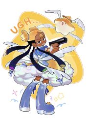 1girl aika_(kiana_mai) angel_wings blonde_hair boots dark_skin deformed dreadlocks dress gun handgun highres holding holding_gun holding_weapon hoshi_(kiana_mai) i_don&#039;t_want_to_be_a_magical_girl magical_girl multicolored_hair reisame short_twintails star-shaped_hair star_(symbol) star_guardian:_guardian_of_the_stars twintails two-tone_hair very_dark_skin weapon wings