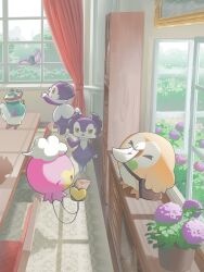 &gt;_&lt; absurdres chair closed_eyes commentary_request curtains day drifloon envelope flower flower_pot gen_4_pokemon gen_7_pokemon gen_8_pokemon highres indeedee indeedee_(female) indeedee_(male) indoors mokukitusui mouth_hold nintendo pokemon pokemon_(creature) polteageist purple_flower rowlet shadow standing telekinesis window