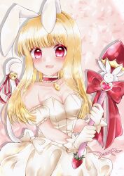 1girl animal_ears artist_name bare_shoulders blonde_hair blunt_bangs blush bow bowtie breasts cane cat_tail cleavage collarbone detached_sleeves dress gloves highres holding holding_cane holding_scepter jingle_bell_tail large_breasts long_hair looking_at_viewer magical_girl mew_berry open_mouth pink_background rabbit_ears red_bow red_bowtie red_eyes scepter shirayuki_berry solo tail tokyo_mew_mew tokyo_mew_mew_a_la_mode tsukishiro_yayoi_(yumeir0) white_dress white_gloves