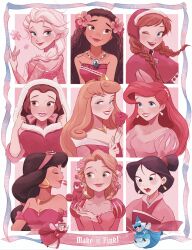 6+girls absurdres aladdin_(movie) anna_(frozen) ariel_(disney) aurora_(disney) beauty_and_the_beast_(disney) belle_(disney) black_hair blonde_hair blue_eyes braid brown_eyes brown_hair chinese_clothes disney_princess dress elsa_(frozen) fa_mulan_(disney) flore_(disney) frozen_(disney) highres jasmine_(disney) jewelry long_hair looking_at_viewer makeup melchencanto merryweather_(disney) moana_(movie) moana_waialiki mulan_(movie) multiple_girls pascal_(tangled) rapunzel_(disney) short_hair siblings simple_background sisters sleeping_beauty_(disney) smile tangled the_little_mermaid_(disney) upper_body