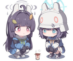 2girls absurdres ahoge animal_ear_hairband animal_ears blue_archive blue_eyes blue_halo blue_shirt blue_skirt blunt_bangs blush bright_pupils chibi chibi_only closed_mouth commentary_request cup_ramen fake_animal_ears full_body fuyu_no_usagi green_neckerchief grey_halo hair_ornament hairband halo helmet highres knee_pads leaf_hair_ornament long_hair long_sleeves miyu_(blue_archive) multiple_girls neckerchief open_mouth pantyhose pink_eyes pleated_skirt purple_hair purple_shoes rabbit_ear_hairband rabbit_ears sailor_collar saki_(blue_archive) shirt shoes short_hair simple_background skirt squatting very_long_hair white_background white_hairband white_helmet white_pantyhose white_pupils white_sailor_collar white_shoes yellow_neckerchief