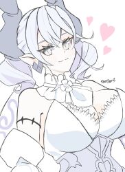 1girl bare_shoulders breasts cleavage demon_girl demon_horns demon_wings dress drill_hair duel_monster earrings grey_eyes grey_hair heart highres horns jewelry large_breasts lovely_labrynth_of_the_silver_castle pointy_ears simple_background sira_tise slit_pupils solo strapless strapless_dress twin_drills upper_body white_background white_dress wings yu-gi-oh!