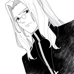 1boy cross cross_necklace empty_eyes expressionless glasses hashikko69 highres jewelry long_hair looking_at_viewer male_focus michael_roa_valdamjong michael_roa_valdamjong_(human) monochrome necklace ponytail priest sweat tsukihime upper_body