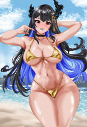1girl asymmetrical_horns bare_shoulders beach bikini black_hair black_lips black_nails blue_hair breasts cleavage collarbone colored_inner_hair crystal_horns demon_horns flower gold_bikini hair_ornament highleg highleg_bikini highres hololive hololive_english horn_flower horns large_breasts lipstick long_hair looking_at_viewer makeup mole mole_under_eye multicolored_hair navel nerissa_ravencroft red_eyes satin_bikini shiny_skin shiny_swimsuit smile solo stomach swimsuit thighs two-tone_hair uneven_horns valneeko very_long_hair virtual_youtuber
