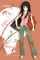 1girl alternate_costume bag bamboo black_hair campus casual contemporary facing_viewer female_focus hand_on_own_hip handbag hime_cut houraisan_kaguya kiyuren long_hair neet pants red_eyes red_theme sandals shoulder_bag solo touhou