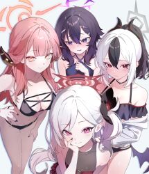 4girls aru_(blue_archive) bikini black_bikini black_choker black_nails blue_archive blue_bikini blush breasts choker collarbone commentary_request demon_horns demon_wings frilled_bikini frills grey_hair grey_halo hair_between_eyes hair_ornament hairclip halo hand_on_own_cheek hand_on_own_face hand_on_own_hip haruka_(blue_archive) highres horns kayoko_(blue_archive) large_breasts long_hair looking_at_viewer low_wings monaka3200 multicolored_hair multiple_girls mutsuki_(blue_archive) nail_polish navel orange_halo parted_lips pink_hair pointy_ears purple_eyes purple_hair purple_halo red_eyes red_halo red_nails simple_background small_breasts smile swimsuit white_background white_hair wings yellow_eyes