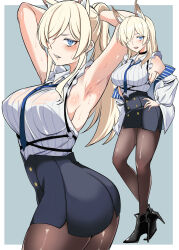 Rule 34 | angel lingxing, animal ear fluff, animal ears, armpits, arms up, black pantyhose, blonde hair, blue archive, blue eyes, blue necktie, dog ears, dog girl, extra ears, full body, grey background, hair over one eye, halo, hand on own hip, high-waist skirt, high heels, highres, jacket, kanna (blue archive), long hair, multiple views, necktie, no halo, notched ear, off shoulder, open clothes, open jacket, pantyhose, ponytail, sharp teeth, shirt, skirt, sleeveless, sleeveless shirt, standing, striped clothes, striped shirt, sweat, teeth, vertical-striped clothes, vertical-striped shirt