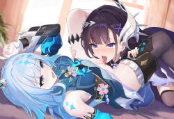 Rule 34 | 2girls, absurdres, black hair, black thighhighs, blue dress, blue eyes, blue hair, breasts, cerydra (honkai: star rail), cleft of venus, commentary request, crown, detached sleeves, dress, fangai-anmian, highres, honkai: star rail, honkai (series), hysilens (honkai: star rail), imminent cunnilingus, indoors, lying, medium breasts, multiple girls, on back, on bed, open mouth, purple dress, pussy, single thighhigh, spread legs, thighhighs, tongue, tongue out, uncensored, yuri