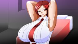 1girl arms_up bed bedroom breasts curvy female_focus formal_clothes huge_breasts kaiman82 pale_skin pov red_eyes red_hair shirt sleeveless smiley_face the_king_of_fighters vanessa_(kof) white_shirt