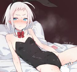 1girl absurdres ahoge animal_ears armpit_crease azuma_shino bed_sheet black_leotard blue_eyes blue_nails blush bow bowtie brown_background cameltoe closed_mouth condom condom_wrapper covered_navel dated detached_collar fake_animal_ears fang flat_chest frown furrowed_brow heterochromia highres leotard looking_at_viewer lying medium_hair multicolored_nails nail_polish nowareno_(azuma_shino) on_back on_bed original pillow playboy_bunny pointy_ears presenting rabbit_ears red_bow red_bowtie shiny_skin skin_fang slit_pupils solo sweat two-tone_nails white_hair