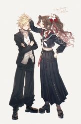 Rule 34 | 1boy, 1girl, aerith gainsborough, aerith gainsborough (midgard seventh high school), aqua eyes, bandaid, bandaid on cheek, bandaid on face, belt, black belt, black choker, black jacket, black mask, black pants, black sailor collar, black shirt, black shoes, black skirt, black socks, blonde hair, blush, breasts, brown hair, choker, cloud strife, cloud strife (midgard seventh high school), colored tips, crop top, crossed arms, delinquent, face piercing, final fantasy, final fantasy vii, final fantasy vii ever crisis, floral print, flower, full body, furrowed brow, gakuran, gold buttons, hair between eyes, hair flower, hair ornament, hair ribbon, hand in another&#039;s hair, hand on another&#039;s head, hand on own hip, heart, heart choker, highres, jacket, kieta, long hair, long skirt, mary janes, mask, mask around neck, medium breasts, midriff, mouth mask, multicolored hair, neckerchief, official alternate costume, pants, parted bangs, piercing, pleated skirt, ponytail, red hair, red ribbon, ribbon, sailor collar, school uniform, shirt, shoes, short hair, sidelocks, skirt, socks, spiked hair, sukeban, sweatdrop, wavy mouth, white background, white flower, white neckerchief, white shirt