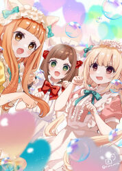 3girls :d animal_ears apron balloon black_dress blue_bow blurry blurry_foreground bow brown_eyes brown_hair bubble cat_ears commentary_request depth_of_field dress fake_animal_ears fangs frilled_apron frills futaba_anzu green_eyes heart_balloon highres ichihara_nina idolmaster idolmaster_cinderella_girls idolmaster_cinderella_girls_starlight_stage long_hair maekawa_miku maid maid_apron maid_headdress multiple_girls open_mouth paw_pose pink_dress puffy_short_sleeves puffy_sleeves red_bow rino_cnc short_sleeves smile twitter_username v-shaped_eyebrows very_long_hair white_apron yellow_dress