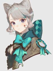 1girl absurdres animal_ears blunt_bangs boioioq bow cat_ears commentary facial_mark genshin_impact green_bow grey_background grey_eyes grey_hair highres looking_at_viewer lynette_(genshin_impact) sidelocks simple_background solo star_(symbol) upper_body