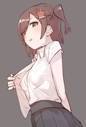 1girl :p aijou_karen arm_behind_back breasts bright_pupils brown_eyes brown_hair closed_mouth collared_shirt covered_erect_nipples crown_hair_ornament dress_shirt flashing from_side goe_(g-o-e) grey_background grey_skirt hand_up highres light_blush looking_at_viewer looking_to_the_side medium_breasts nipples no_bra one_side_up open_clothes open_shirt pleated_skirt school_uniform see-through_clothes seishou_music_academy_uniform shirt shirt_tucked_in short_hair short_sleeves shoujo_kageki_revue_starlight sideways_glance simple_background skirt solo standing swept_bangs tongue tongue_out upper_body white_pupils white_shirt