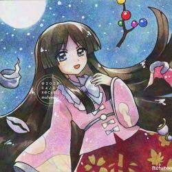 1girl artist_name bow bowtie branch brown_eyes brown_hair commentary dated full_moon hashtag-only_commentary houraisan_kaguya jeweled_branch_of_hourai long_hair long_sleeves maa_(forsythia1729) moon open_mouth pink_shirt red_skirt shirt skirt smile solo touhou traditional_media twitter_username very_long_hair watermark white_bow white_bowtie wide_sleeves