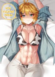 1girl absurdres ahoge alternate_breast_size animal_print arms_up bikini bikini_under_clothes blonde_hair blue_shirt breasts cleavage closed_mouth cow_print cow_print_bikini dokibird_(vtuber) dokibird_(vtuber)_(bounty_hunter) drunktatsu fang grey_pants hair_ornament highres indie_virtual_youtuber large_breasts looking_at_viewer lying on_back open_clothes open_shirt pants print_bikini shirt short_hair skin_fang solo swimsuit virtual_youtuber x_hair_ornament
