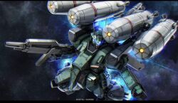 beam_rifle blue_visor copyright_logo energy_gun gundam gundam_battle_operation_2 machinery mecha mecha_focus missile mobile_suit nebula official_art painting_(medium) prototype_stark_jegan radio_antenna realistic robot science_fiction star_(sky) tenjin_hidetaka thrusters traditional_media vernier_thrusters weapon