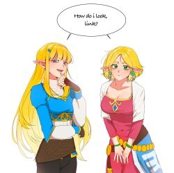 2girls absurdres big_egg526 blonde_hair blunt_bangs bracelet breasts cleavage cosplay costume_switch dual_persona english_text fingerless_gloves gloves green_eyes hair_ornament hairclip highres in-franchise_crossover jewelry large_breasts leaning_forward long_hair multiple_girls nintendo parted_bangs princess_zelda shared_speech_bubble short_hair speech_bubble the_legend_of_zelda the_legend_of_zelda:_skyward_sword the_legend_of_zelda:_tears_of_the_kingdom very_long_hair