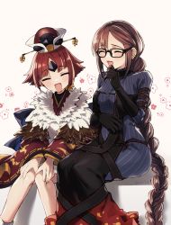 Rule 34 | 2girls, :d, beni-enma, beni-enma (first ascension), bird hat, black-framed eyewear, black dress, black gloves, blue bodysuit, blush, bodysuit, bodysuit under clothes, braid, brown hair, brown headwear, brown kimono, closed mouth, commentary request, dress, earrings, elbow gloves, fate/grand order, fate (series), feather trim, glasses, gloves, highres, japanese clothes, jewelry, kimono, laughing, long braid, long hair, multiple earrings, multiple girls, open mouth, pinstripe pattern, seeds328, short hair, single braid, sitting, smile, vertical-striped bodysuit, very long hair, yu mei-ren (fate), yu mei-ren (first ascension) (fate)