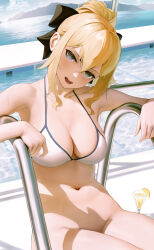 1girl absurdres bikini bikini_top_only black_bow blonde_hair blue_eyes blush bottomless bow breasts cleavage collarbone cup day drink drinking_glass food fruit genshin_impact hair_bow head_tilt highres jean_(genshin_impact) l_ract large_breasts lemon lemon_slice looking_at_viewer navel outdoors ponytail pool pool_ladder short_hair short_ponytail sitting solo stomach swimsuit v-shaped_eyebrows water white_bikini