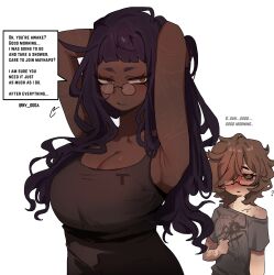 Rule 34 | 2girls, andrea (ny 000a), armpits, arms up, bite mark, bite mark on shoulder, black eyes, black tank top, blush, breasts, brown hair, cleavage, english text, glasses, grey shirt, hair over one eye, highres, katriel (project moon), large breasts, library of ruina, long hair, multiple girls, ny 000a, oc x canon, open mouth, original, project moon, purple hair, shirt, short sleeves, speech bubble, sweat, tank top, twitter username