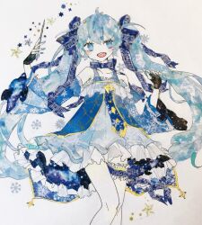1girl :d ahoge aqua_nails arm_up bare_shoulders black_gloves blue_choker blue_dress blue_eyes blue_hair blue_ribbon blue_sleeves blush bow bow_choker bubbles_(shallows_o0) choker commentary_request contrapposto dress feet_out_of_frame fingerless_gloves frilled_dress frilled_thigh_strap frills gloves hair_between_eyes hair_ribbon hand_up hatsune_miku highres holding holding_wand long_hair looking_at_viewer masking_tape_(medium) mixed_media musical_staff open_mouth ribbon sidelocks sleeveless sleeveless_dress smile solo star_(symbol) starry_sky_print thigh_strap traditional_media twintails two-sided_dress two-sided_fabric unconventional_media very_long_hair vocaloid wand white_background wide_sleeves yellow_trim yuki_miku yuki_miku_(2017)