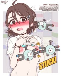 1girl 3others @_@ ahoge bespectacled black_choker blush border bra brown_hair choker clothes_lift electricity electrostimulation english_text eyeshadow full-face_blush gen_1_pokemon glasses hair_between_eyes hair_ornament lifting_own_clothes magnemite makeup multiple_others nintendo nipple_stimulation nipple_torture nipples open_mouth original pale_skin pokemon pokemon_(creature) ponchii pongldr red-framed_eyewear semi-rimless_eyewear shirt_lift short_hair signature solo sweat under-rim_eyewear underwear white_border