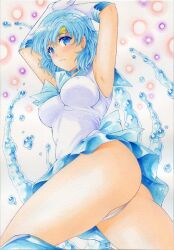 Rule 34 | 1girl, alternate breast size, arms up, bishoujo senshi sailor moon, blue eyes, blue hair, blue skirt, bodysuit, breasts, commentary request, covered erect nipples, covered navel, cowboy shot, earrings, elbow gloves, from side, gloves, inner senshi, jewelry, large breasts, magical girl, mizuno ami, nightmare77zx, painting (medium), panties, pantyshot, sailor mercury, sailor senshi uniform, short hair, skirt, smile, solo, stud earrings, traditional media, underwear, water, watercolor (medium), watercolor pencil (medium), white bodysuit, white gloves, white panties