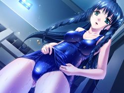 Rule 34 | 00s, 1girl, aqua eyes, blue hair, braid, breasts, dutch angle, female focus, game cg, hiiro yuki, indoors, light, long hair, one-piece swimsuit, open mouth, school swimsuit, school swimsuit flap, shiny clothes, skin tight, solo, swimsuit, takaya minami, twin braids, wet, wet clothes, wet swimsuit, yuuguu settai