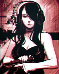 1girl bare_arms bare_shoulders black_camisole black_hair black_nails breasts camisole chromatic_aberration cleavage closed_mouth cocking_gun commentary english_commentary glitch gun hair_over_one_eye handgun headphones highres holding holding_gun holding_weapon long_hair medium_breasts nila_(telepurte) original red_background solo telepurte trigger_discipline upper_body weapon