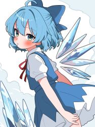 1girl blue_bow blue_dress blue_eyes blue_hair blush bow cirno closed_mouth cowboy_shot dress hair_bow haru_maron highres looking_at_viewer neck_ribbon pinafore_dress red_ribbon ribbon shirt short_dress short_hair short_sleeves sleeveless sleeveless_dress solo touhou white_shirt wings