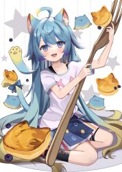 &gt;_&lt; 1girl :3 :d animal_ear_fluff animal_ears blonde_hair blue_eyes blue_hair cat_ears cat_girl cat_tail commission creature food fork full_body goma_(u_p) gradient_hair highres indie_virtual_youtuber lanmewko long_hair looking_at_viewer multicolored_hair open_mouth oversized_object pancake pixiv_commission plate shirt short_sleeves sitting skirt smile tail very_long_hair virtual_youtuber white_shirt