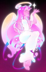 1girl angel angel_wings barefoot breasts cleavage colored_skin cookie_run cookie_run:_kingdom demon_girl dress eternal_sugar_cookie highres liyuaqi long_hair medium_breasts pink_hair pink_skin sitting solo very_long_hair white_dress wings