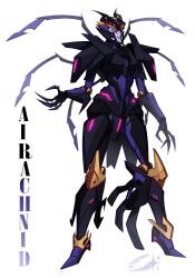 1girl absurdres airachnid armor arthropod_limbs black_lips decepticon fingernails glowing glowing_eyes highres humanoid_robot insignia lynxsisblack pink_eyes robot robot_girl science_fiction sharp_fingernails shoulder_armor simple_background solo transformers transformers_prime white_background