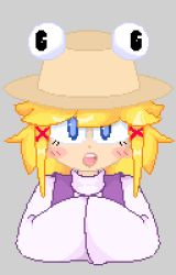 Rule 34 | blonde hair, blouse, blue eyes, hat, highres, mccum69, moriya suwako, open mouth, pixel art, self-upload, shirt, short hair, solo, touhou, white shirt