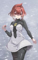 1girl absurdres breasts evil_smile highres huge_filesize looking_at_viewer mars_(pokemon) nintendo pokemon pokemon_dppt red_eyes red_hair short_hair smile snow snowing solo standing team_galactic team_galactic_uniform thighs tsukishiro_saika variant_set