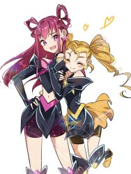 2girls bike_shorts black_shirt black_skirt boots butterfly_earrings closed_eyes dark_cure_(yes!_precure_5) dark_dream dark_lemonade earrings fingerless_gloves gloves hair_ornament hands_on_another&#039;s_arms heart highres jewelry knee_boots long_hair multiple_girls navel open_mouth pink_eyes pink_hair precure shirt skirt wakuno_lemon yes!_precure_5
