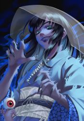 Rule 34 | ado (utaite), blue eyes, blue hair, chando (ado), fingernails, gegege no kitarou, highres, japanese clothes, kimono, kouichi09, long fingernails, long hair, looking at viewer, motion lines, sharp fingernails, slit pupils, smile, teeth
