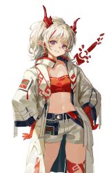 1girl arknights bandeau chun_sam coat colored_extremities cowboy_shot crop_top dragon_girl dragon_horns earrings grin hands_on_own_hips head_tilt highres horns jewelry looking_at_viewer medium_hair midriff multicolored_hair navel nian_(arknights) open_clothes open_coat pointy_ears purple_eyes red_bandeau red_hair shorts smile solo standing streaked_hair white_coat white_hair white_shorts