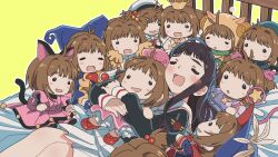 1girl black_hair blush brown_hair cardcaptor_sakura character_doll closed_eyes daidouji_tomoyo doll highres holding holding_stuffed_toy kinomoto_sakura kinomoto_sakura_(astral_sakura) kinomoto_sakura_(dark_night) kinomoto_sakura_(kitty) kinomoto_sakura_(magician) kinomoto_sakura_(miraculous_sakura) kinomoto_sakura_(sakura_prince) kinomoto_sakura_(water_fairy) kitano_yuusuke long_hair lying official_alternate_costume on_back on_bed open_mouth school_uniform serafuku short_hair smile solo stuffed_toy tomoeda_elementary_school_uniform