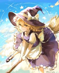 Rule 34 | 1girl, absurdres, apron, artist name, black hat, black shoes, black skirt, blonde hair, bow, braid, broom, broom riding, buttons, cloud, day, double-breasted, flying, frilled skirt, frills, hat, hat bow, hat ribbon, highres, kirisame marisa, leeian, mary janes, puffy short sleeves, puffy sleeves, ribbon, shoes, short sleeves, side braid, skirt, sky, socks, solo, touhou, white apron, white socks, witch, witch hat