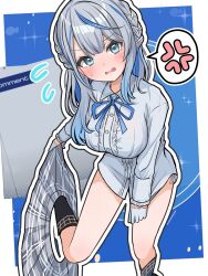 1girl amagai_ruka anger_vein angry black_socks blue_background blue_bow blue_bowtie blue_eyes blue_hair border bow bowtie braid breasts center-flap_bangs center_frills clothes_pull collared_shirt flying_sweatdrops frills grey_hair grey_skirt hair_over_shoulder highres large_breasts long_hair looking_at_viewer multicolored_hair open_mouth outline outside_border parted_bangs plaid_clothes plaid_skirt shirt side_braids skirt skirt_pull socks solo sparkle speech_bubble spoken_anger_vein squiggle standing standing_on_one_leg streaked_hair undressing virtual_youtuber weather_planet white_border white_outline white_shirt yadokaribeer